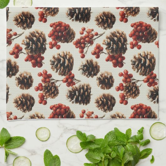Pine Cones and Red Berries Winter Pattern キッチンタオル (折り畳み)
