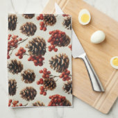 Pine Cones and Red Berries Winter Pattern キッチンタオル (四つ折り)