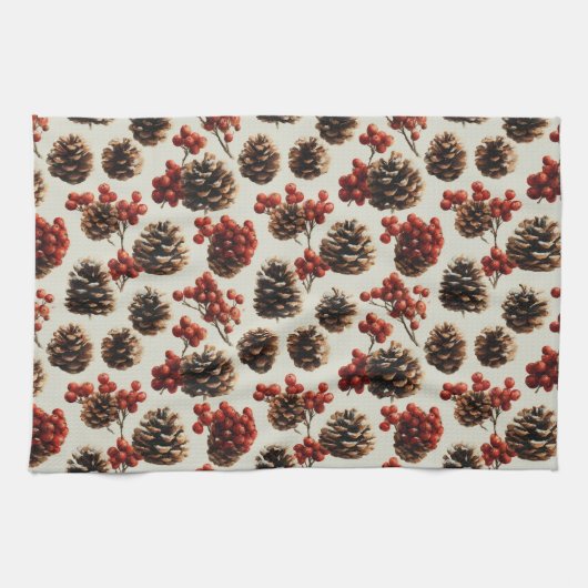 Pine Cones and Red Berries Winter Pattern キッチンタオル (横)
