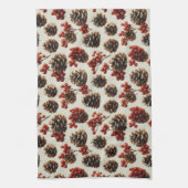 Pine Cones and Red Berries Winter Pattern キッチンタオル (縦)