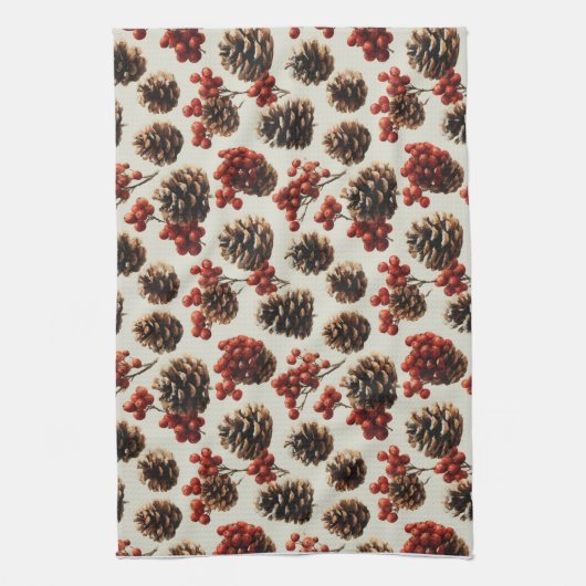 Pine Cones and Red Berries Winter Pattern キッチンタオル (縦)