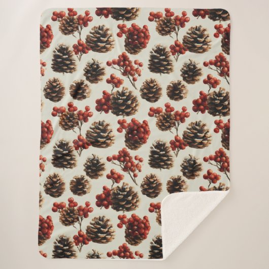 Pine Cones and Red Berries Winter Pattern シェルパブランケット (正面)