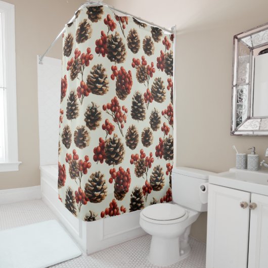 Pine Cones and Red Berries Winter Pattern シャワーカーテン (インサイチュ)