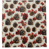Pine Cones and Red Berries Winter Pattern シャワーカーテン (正面)