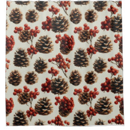 Pine Cones and Red Berries Winter Pattern シャワーカーテン