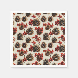Pine Cones and Red Berries Winter Pattern スタンダードカクテルナプキン