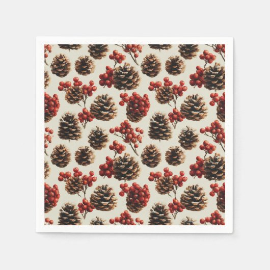 Pine Cones and Red Berries Winter Pattern スタンダードカクテルナプキン (正面)