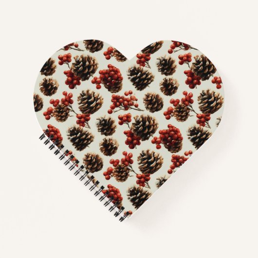 Pine Cones and Red Berries Winter Pattern ノートブック (正面)