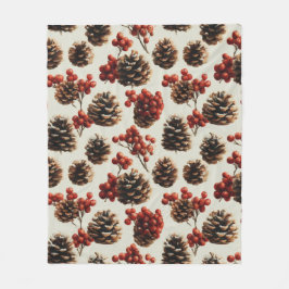 Pine Cones and Red Berries Winter Pattern フリースブランケット