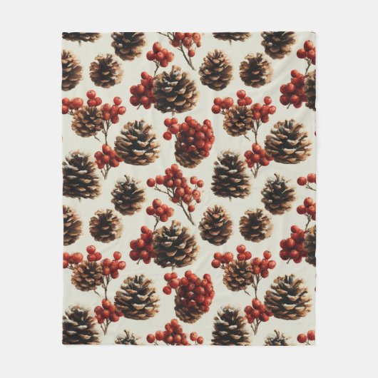 Pine Cones and Red Berries Winter Pattern フリースブランケット (正面)