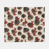 Pine Cones and Red Berries Winter Pattern フリースブランケット (正面(横))