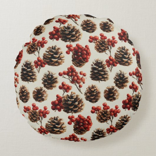Pine Cones and Red Berries Winter Pattern ラウンドクッション (正面)