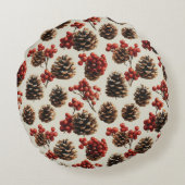 Pine Cones and Red Berries Winter Pattern ラウンドクッション (裏面)