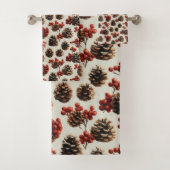 Pine Cones and Red Berries Winter Pattern Towel バスタオルセット (インサイチュ)