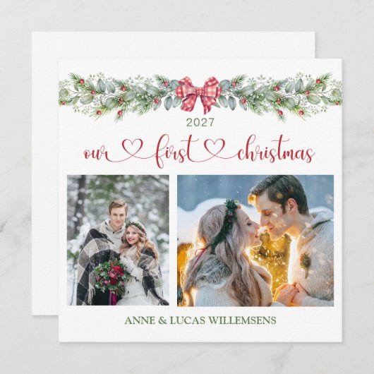 Pine Eucalyptus私たちの最初のクリスマスフォトフラットカード (正面/裏面)