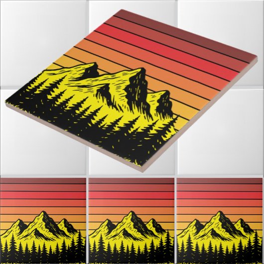 Pine Forest Over Mountains & Retro Sunset Frieze タイル