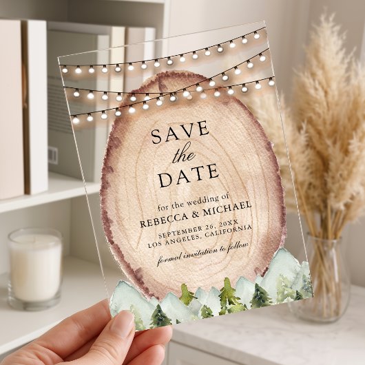 Pine Forest Wood Slice Wedding Save the Date アクリル招待状