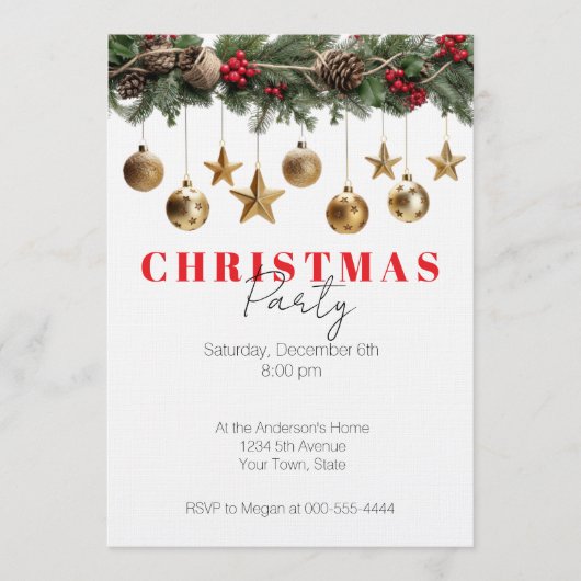 Pine Garland Gold Ornaments Christmas Party 招待状 (正面)