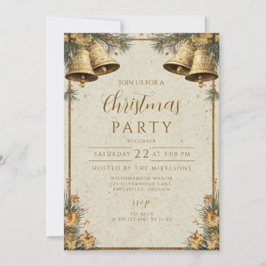 Pine Greenery Gold Bells 招待状 (正面)