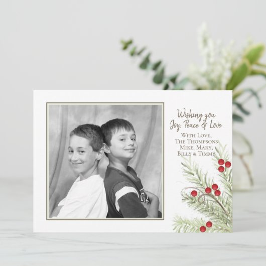 Pine Holly Berliesクリスマスフォトカード1写真 シーズンカード (スタンド正面)