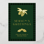 Pine Holly Green Buffalo Check Season's Greetings 箔シーズンカード (正面)
