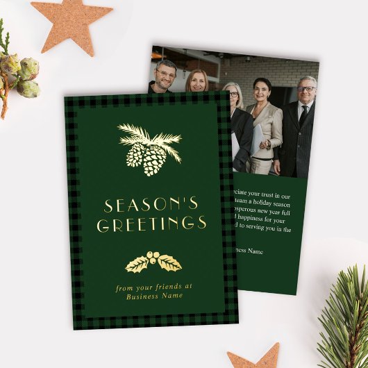Pine Holly Green Buffalo Check Season's Greetings 箔シーズンカード