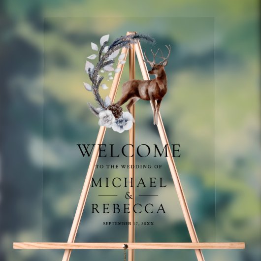 Pine Leaves Forest Deer Wedding Welcome アクリルサイン (ニュートラル)