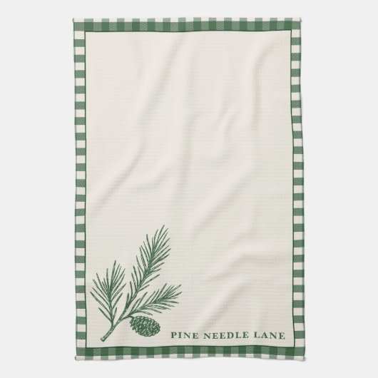 Pine Needle Lane Gingham Trim With Pinecone Accent キッチンタオル (縦)