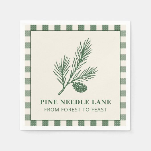Pine Needle Lane-Pinecone Print & Gingham Border スタンダードカクテルナプキン (正面)