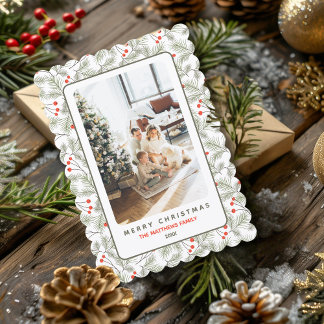 Pine Sprigs and Berries Custom Photo Christmas  シーズンカード