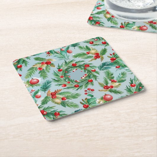 Pine Tree Berry Swirls スクエアペーパーコースター (アングル)