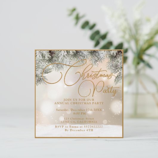 Pine Tree Branches,Balls,Gold Christmas Invitation 招待状 (スタンド正面)