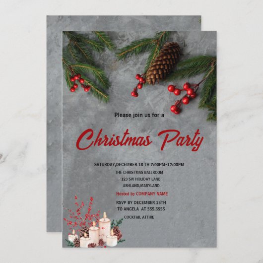 Pine Tree Branches Red Holly Berries Christmas 招待状 (正面/裏面)