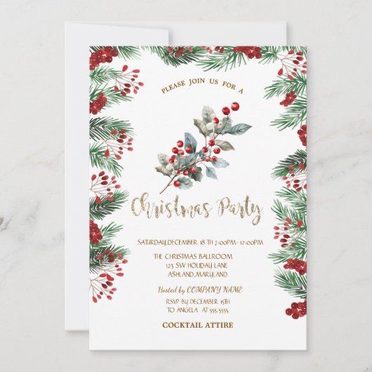Pine Tree Branches Red Holly Berries Christmas  招待状 (正面)