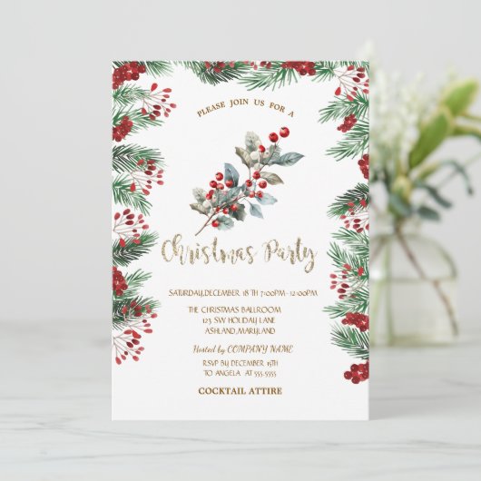 Pine Tree Branches Red Holly Berries Christmas 招待状 (スタンド正面)