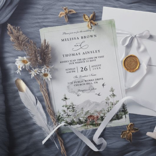 Pine Tree Deer Forest Mountain QR Code Wedding 招待状