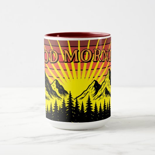 Pine Tree Forest Over Mountains & Retro Sunset マグカップ (中央)