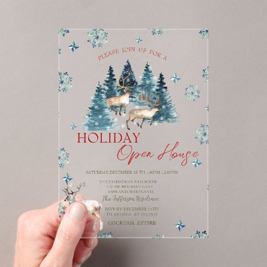 Pine Tree Forest Reindeer Holiday Open House In アクリル招待状 (インサイチュ (ポータブル))