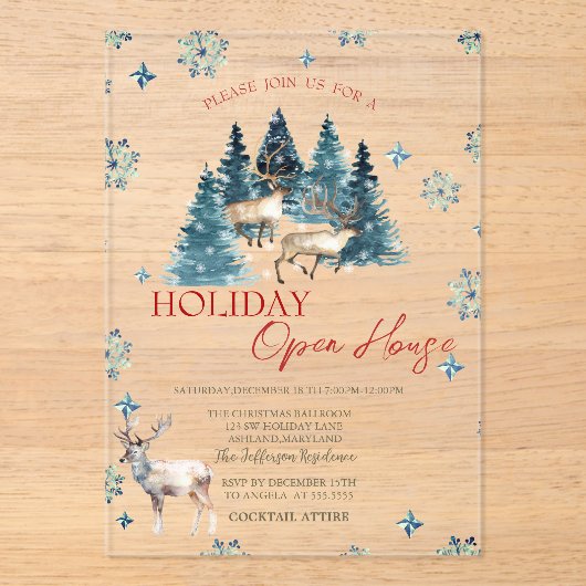 Pine Tree Forest Reindeer Holiday Open House In アクリル招待状 (正面)