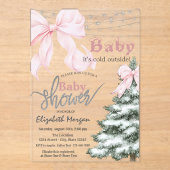  Pine Tree Pink Bow Snowflakes Baby Shower アクリル招待状 (正面)