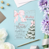  Pine Tree Pink Bow Snowflakes Baby Shower アクリル招待状 (インサイチュ (ウェディング))