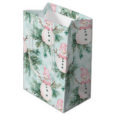 Pine Tree Pink White Snowman Girl Christmas ミディアムペーパーバッグ (裏面アングル)