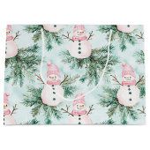 Pine Tree Pink White Snowman Girl Christmas ラージペーパーバッグ (正面)