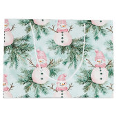 Pine Tree Pink White Snowman Girl Christmas ラージペーパーバッグ (裏面)