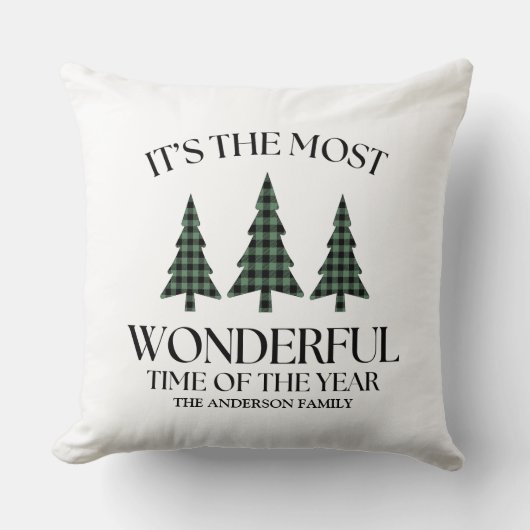 Pine Tree Rustic Buffalo Plaid Black Green クッション (正面)