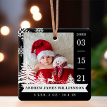 Pine Tree & Snow Baby Birth Stats & Photos Black セラミックオーナメント<br><div class="desc">New baby birth stats photo Christmas ornament. The design features two photos, one photo on the front and one on the back. Display your new baby's photo. The date of birth is displayed along the side and the baby's name and birth stats along the bottom. A black background with white...</div>