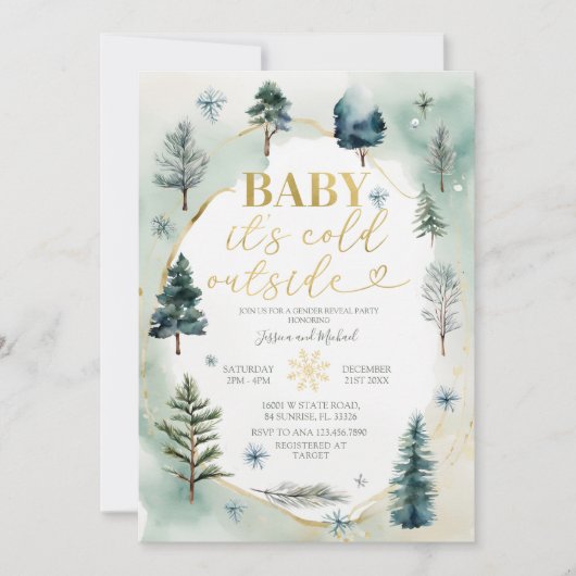 Pine Trees Gold Winter Gender Reveal Baby Shower 招待状 (正面)