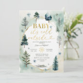 Pine Trees Gold Winter Gender Reveal Baby Shower 招待状 (スタンド正面)