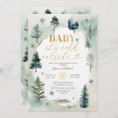 Pine Trees Gold Winter Gender Reveal Baby Shower 招待状 (正面/裏面)