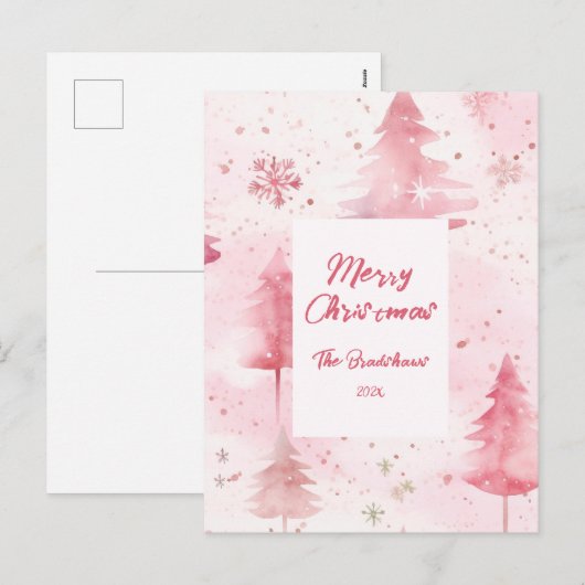 Pine Trees Pink Christmas Postcard シーズンポストカード (正面/裏面)